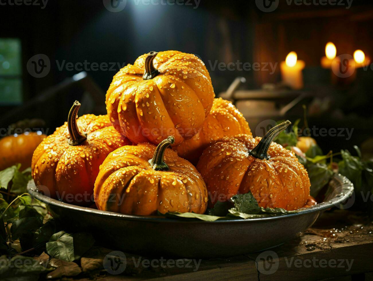 AI generated Fresh Pumpkins with Blurry Lights Background. Generative AI photo