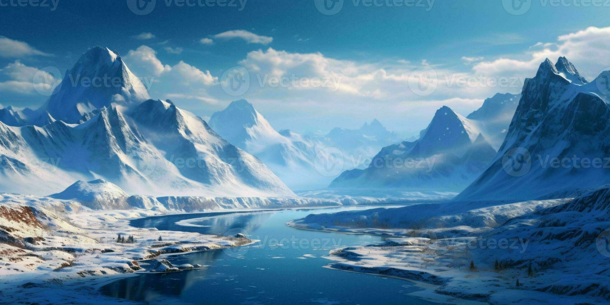 ai generado ilustración de un grande Nevado montaña paisaje con un lago abajo. invierno montañas. generativo ai foto