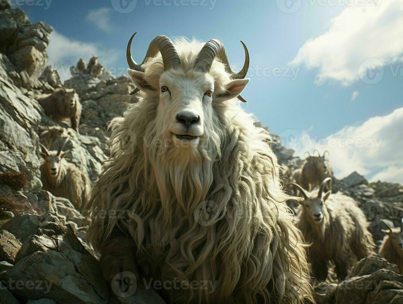 AI generated Herd of Mountain Goats on a Rocky Hill. Generative AI photo