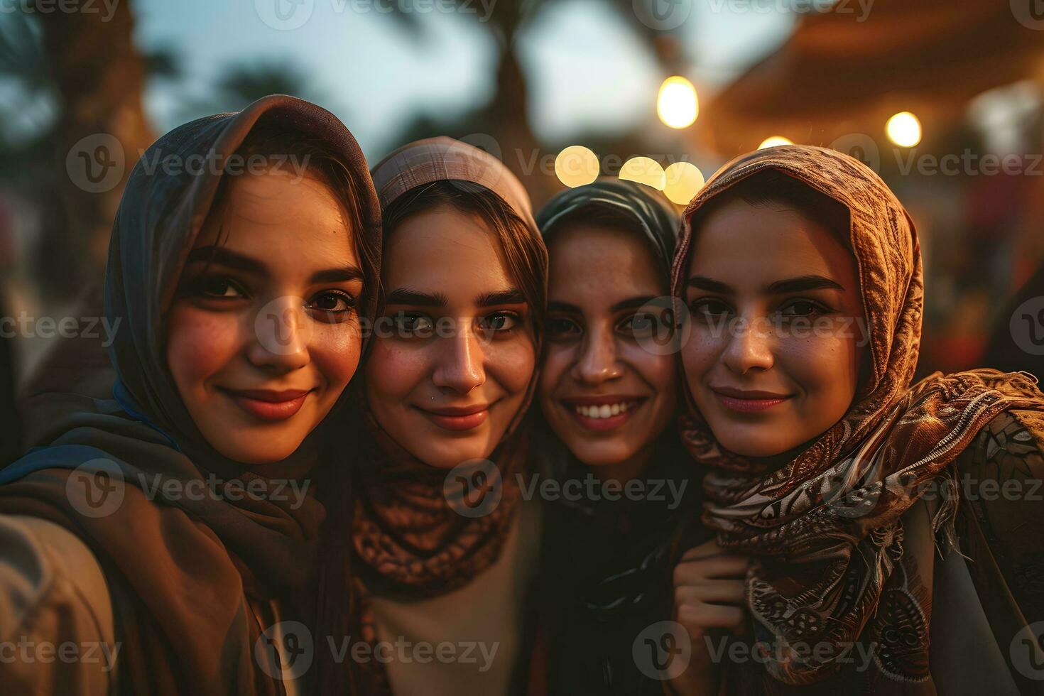 AI generated Group of happy muslim women wearing hijab taking selfie with mobile phone at sunset. Generative Ai photo