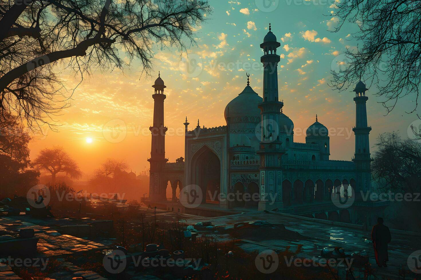 AI generated A Magnificent Mosque with a Beautiful Sky View at Sunset. Generative AI photo