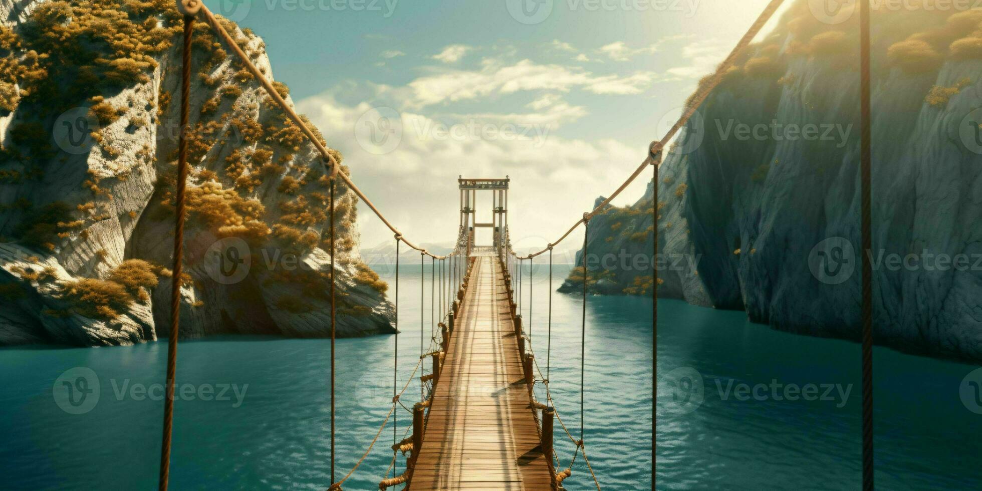 AI generated Suspension Bridge Between Islands with Ocean View. Generative AI photo