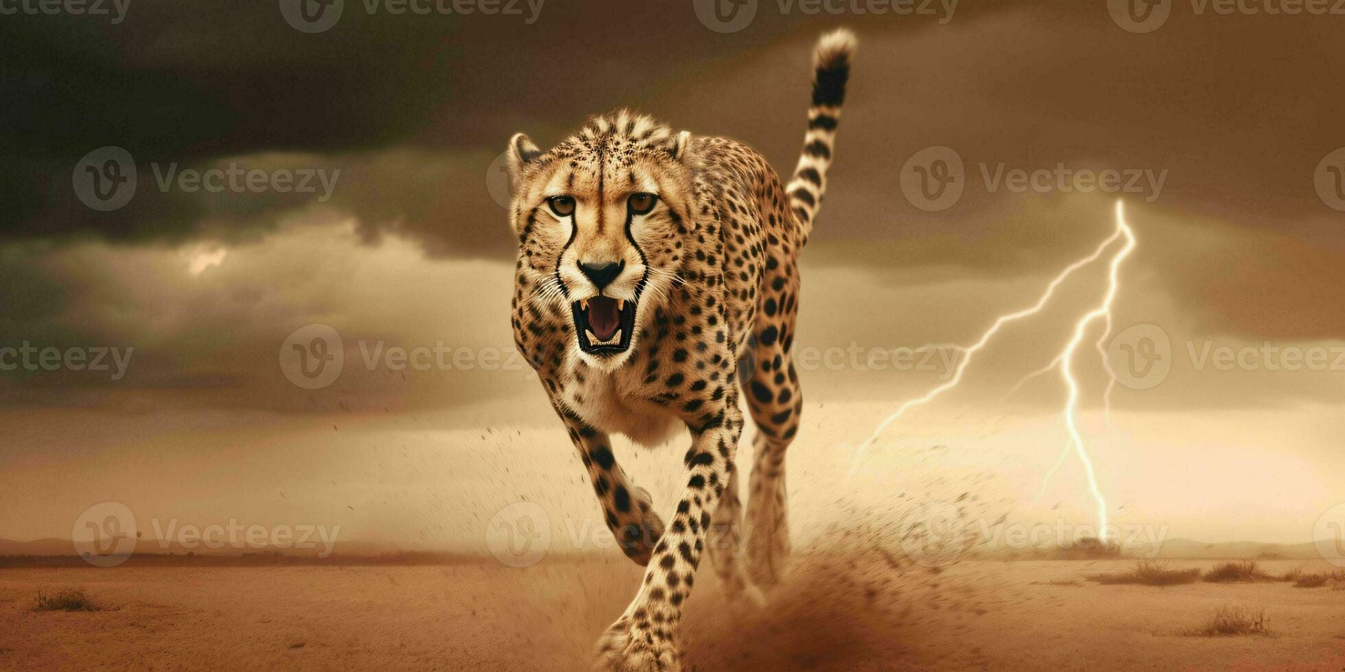 AI generated A Cheetah Sprinting in the Desert with Thunderstorm Behind. Generative AI photo