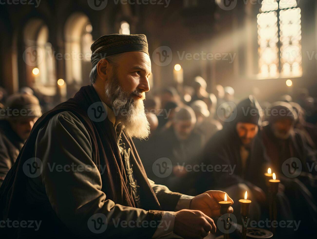 AI generated Islamic Imam Conducts a Sermon at the Mosque. Muslim Imam Preaching to the People in the Mosque. Generative Ai photo