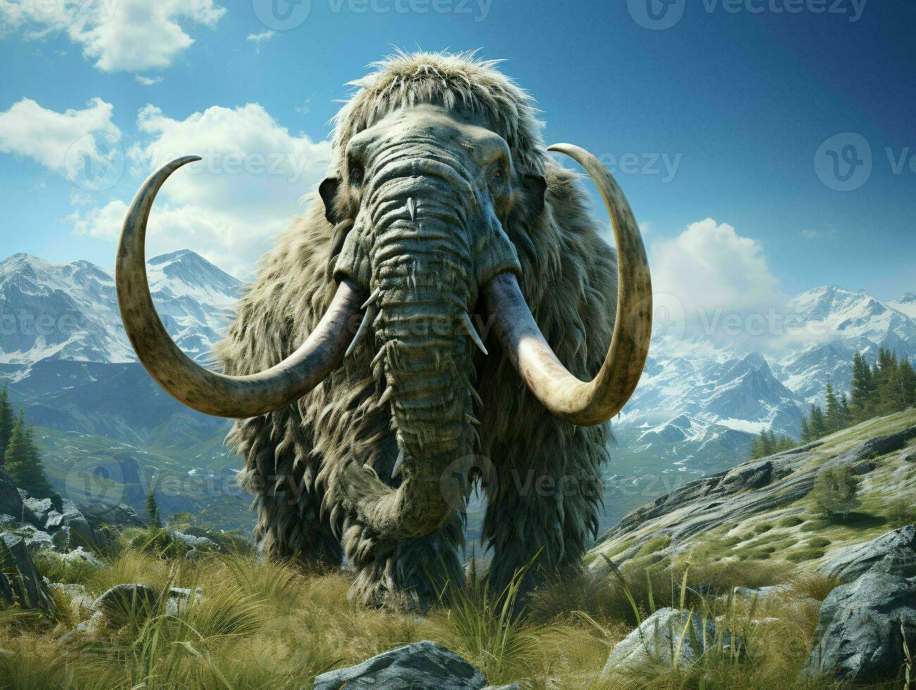 AI generated A Woolly Mammoth with Vast Pastures and Mountains Background. Generative AI photo