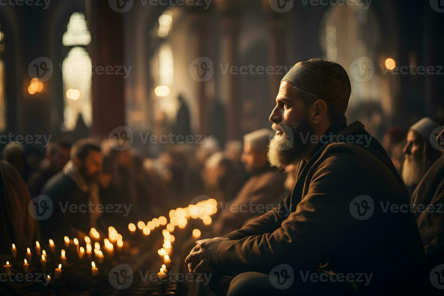 AI generated Islamic Imam Conducts a Sermon at the Mosque. Muslim Imam Preaching to the People in the Mosque. Generative Ai photo