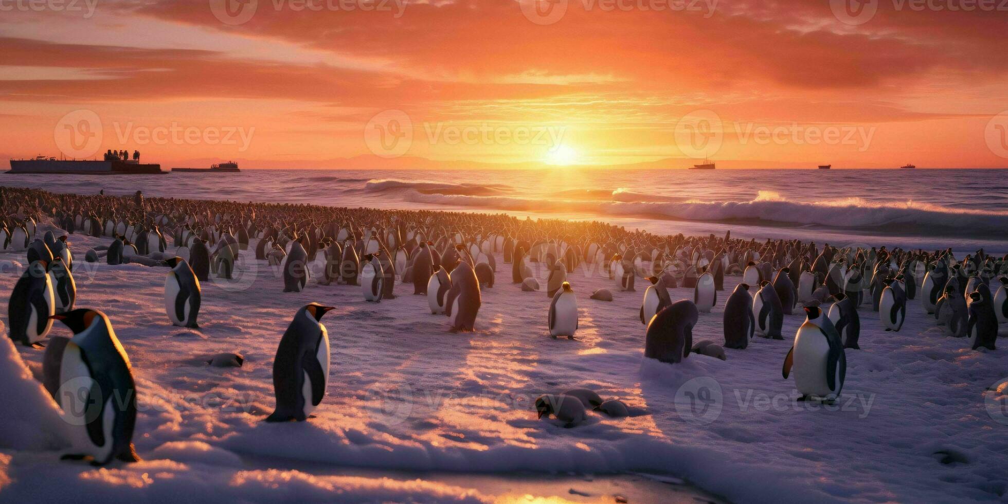 ai generado pingüino colonia en el playa con hermosa puesta de sol vista. generativo ai foto