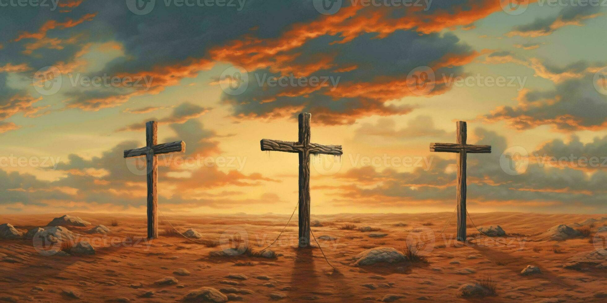 AI generated Three Crosses on a Rocky Desert Hill. Resurrection Of Jesus Christ. Generative AI photo