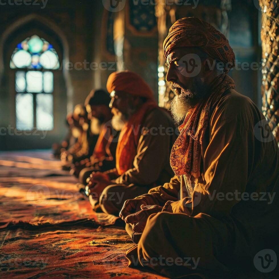 AI generated Muslim Man Praying at a Mosque with Sunlight Effect. Worshiping God. Generative AI photo