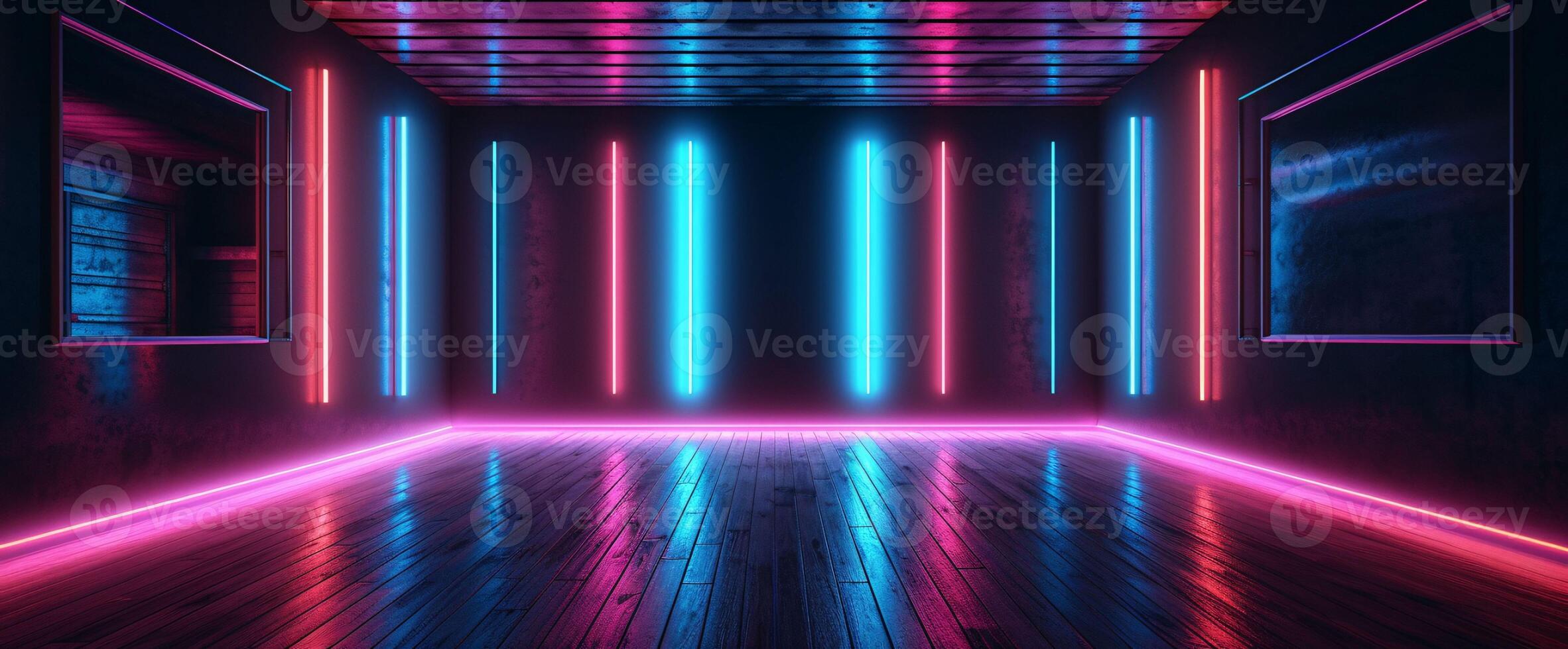 AI generated Modern Dark Room with Glowing Neon Lines with Retro 80s Style. Futuristic Interior with Laser Effect. Generative AI photo