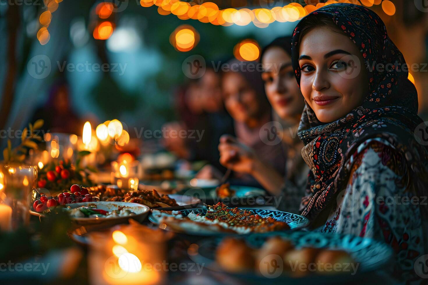 AI generated Arab Muslim women gather together during Ramadan with delicious dishes on the table. Iftar Dinner. Generative Ai photo