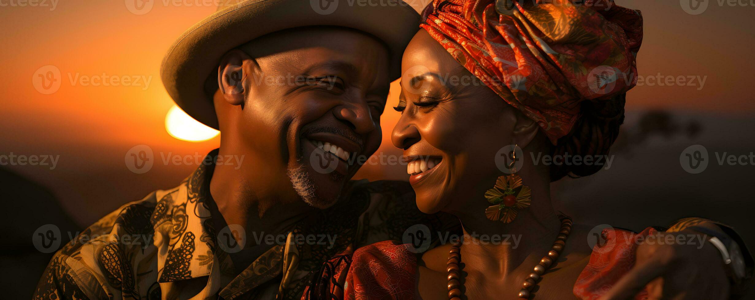 AI generated Romantic Elderly African Couple Embracing Each Other with Sunset View. Generative Ai photo