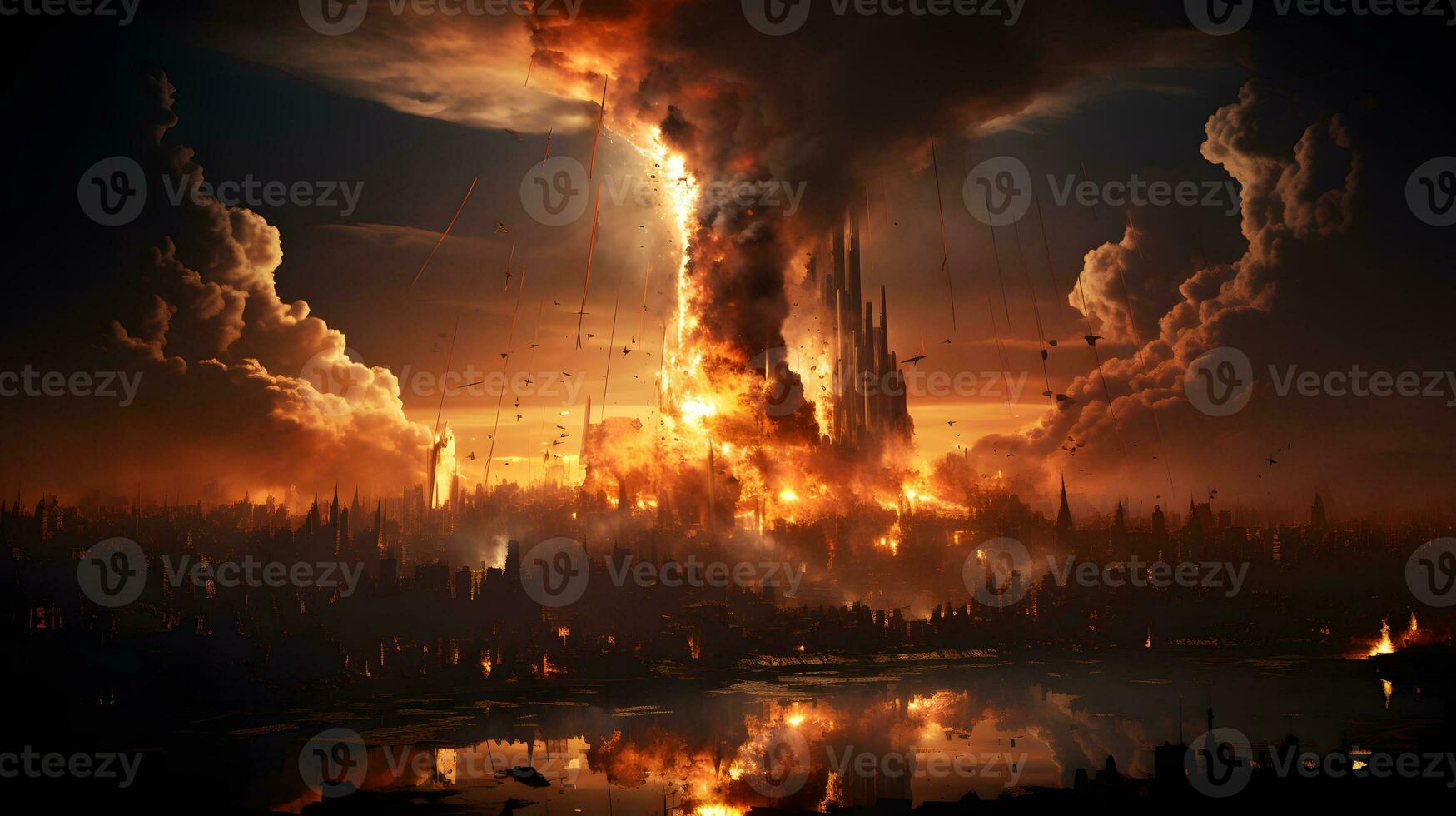 AI generated City Burns After Missile Explodes During War. Doomsday Disaster. Generative Ai photo