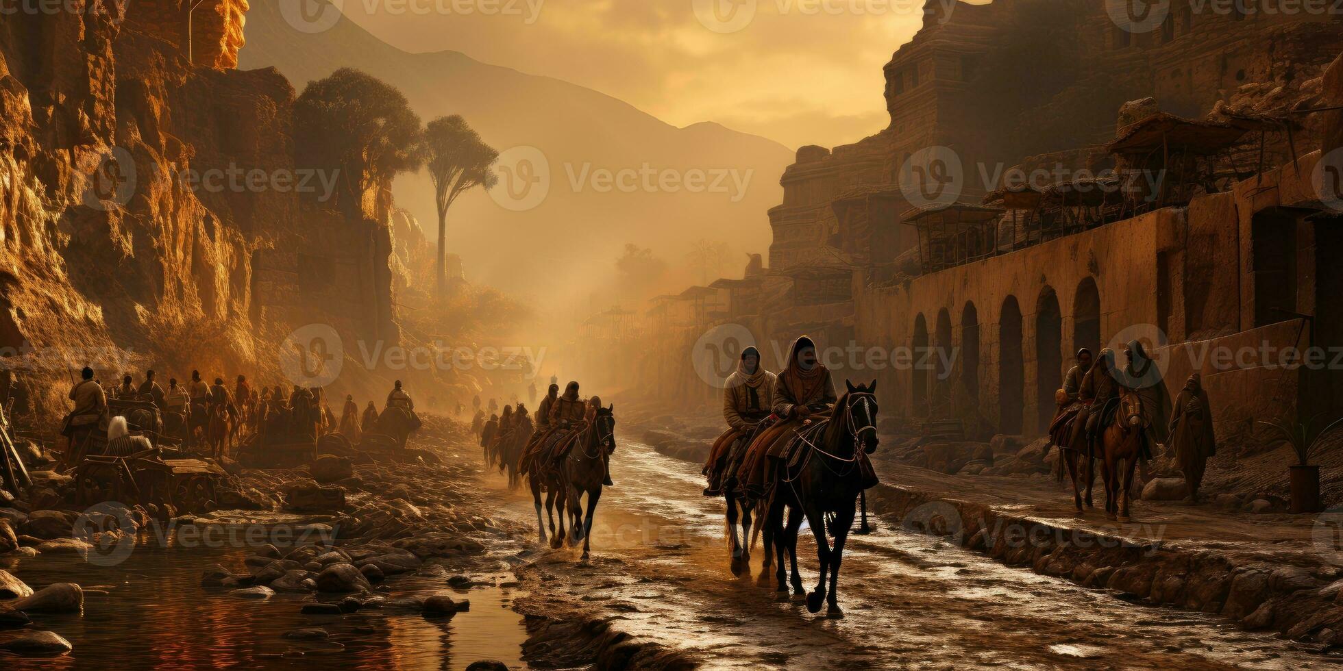 AI generated Arabian People Doing a Long Journey on Foot and Horseback. Generative AI photo