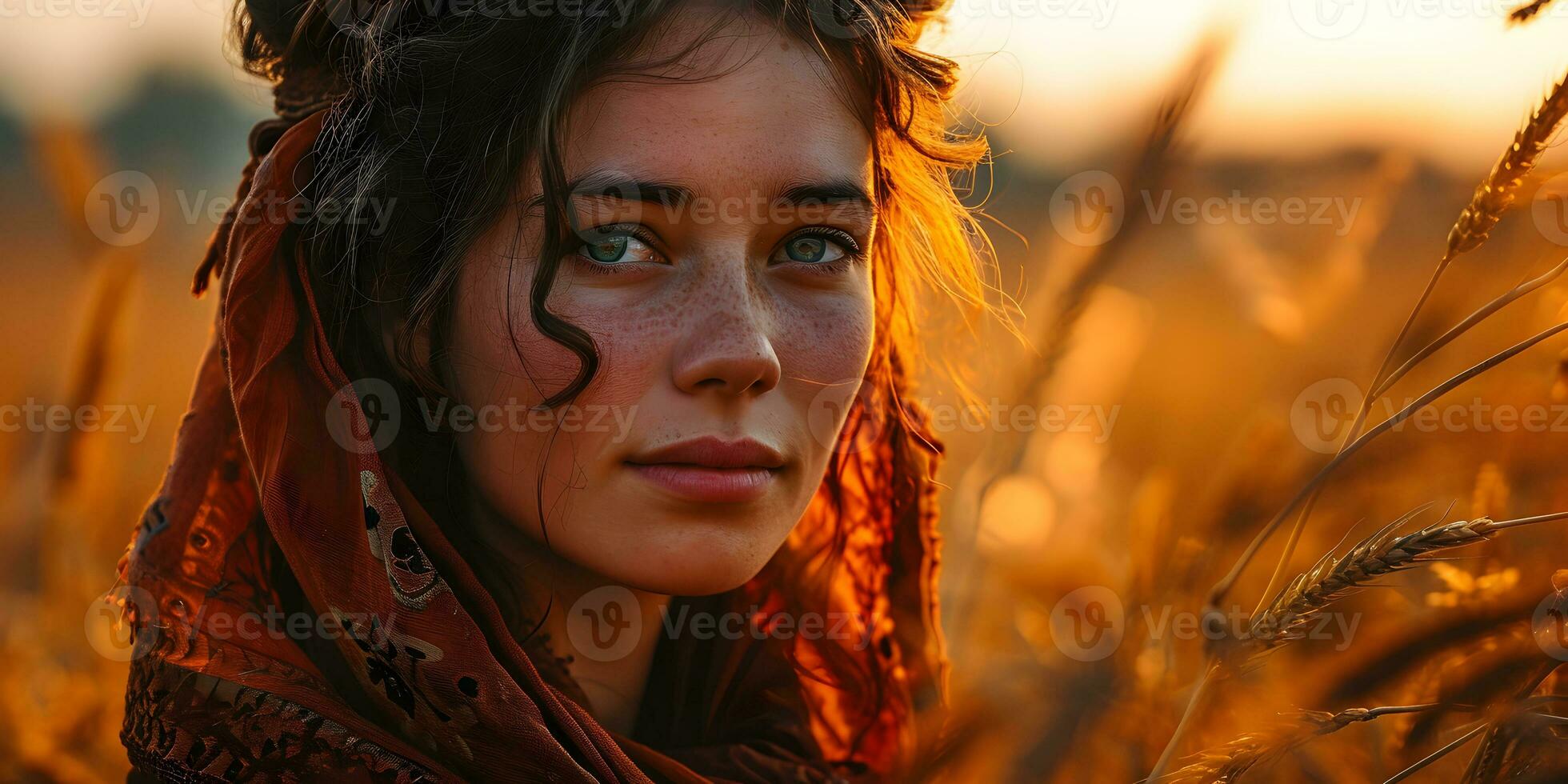 AI generated Beautiful Middle Eastern Woman with Freckled Face, Wearing Headscarf in Wheat Field with Glowing Sunlight Effect. Generative Ai photo