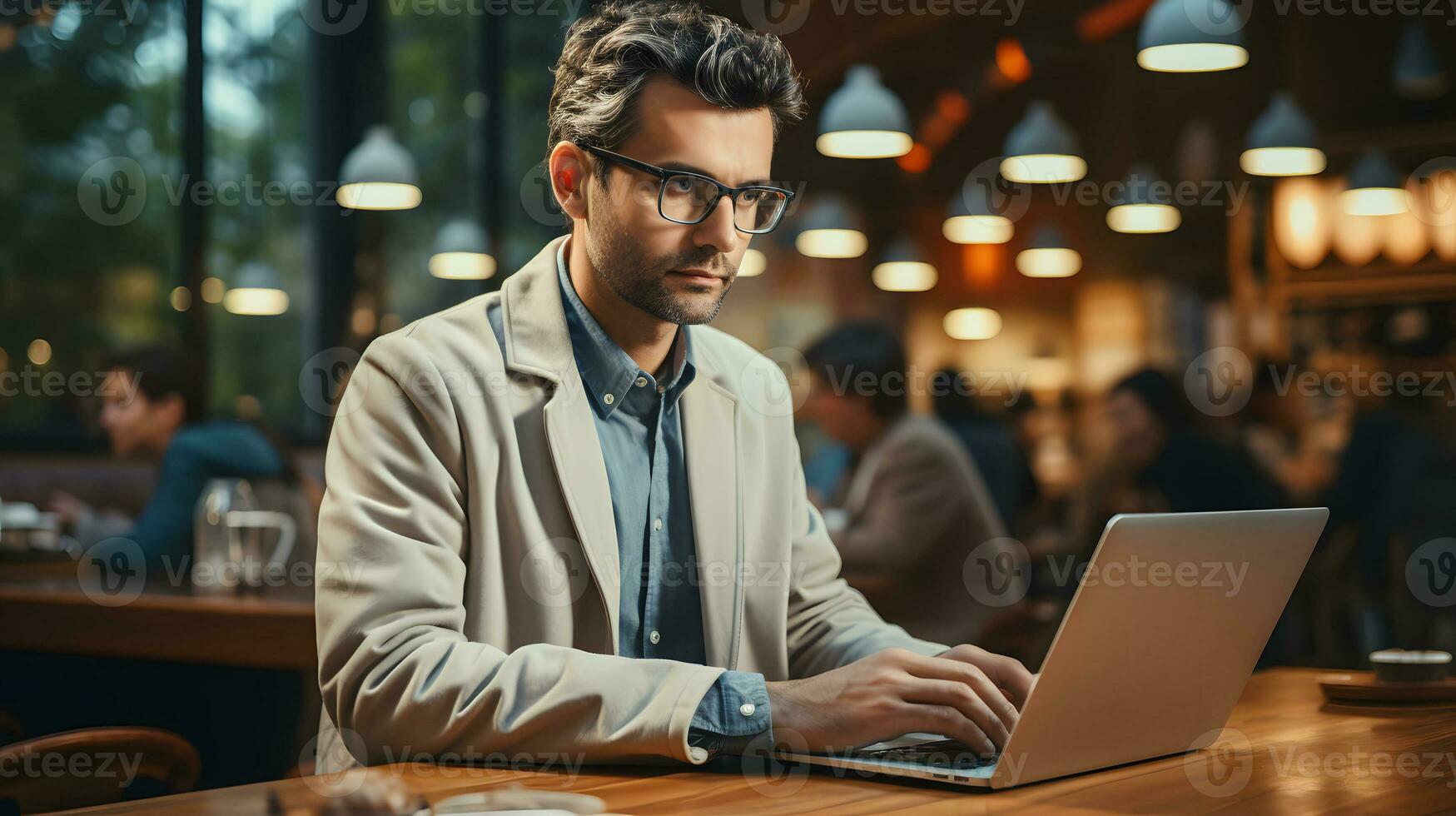 AI generated Doctor Works on Laptop Wearing Lab Coat in Coffee Shop. Scientists Work in Front of Computer. Generative Ai photo