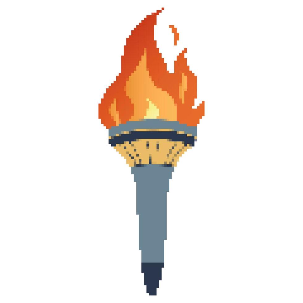 píxel llameante antorcha. dibujos animados antorcha con fuego. ardiente fuego o fuego. deporte fuego signo. vector