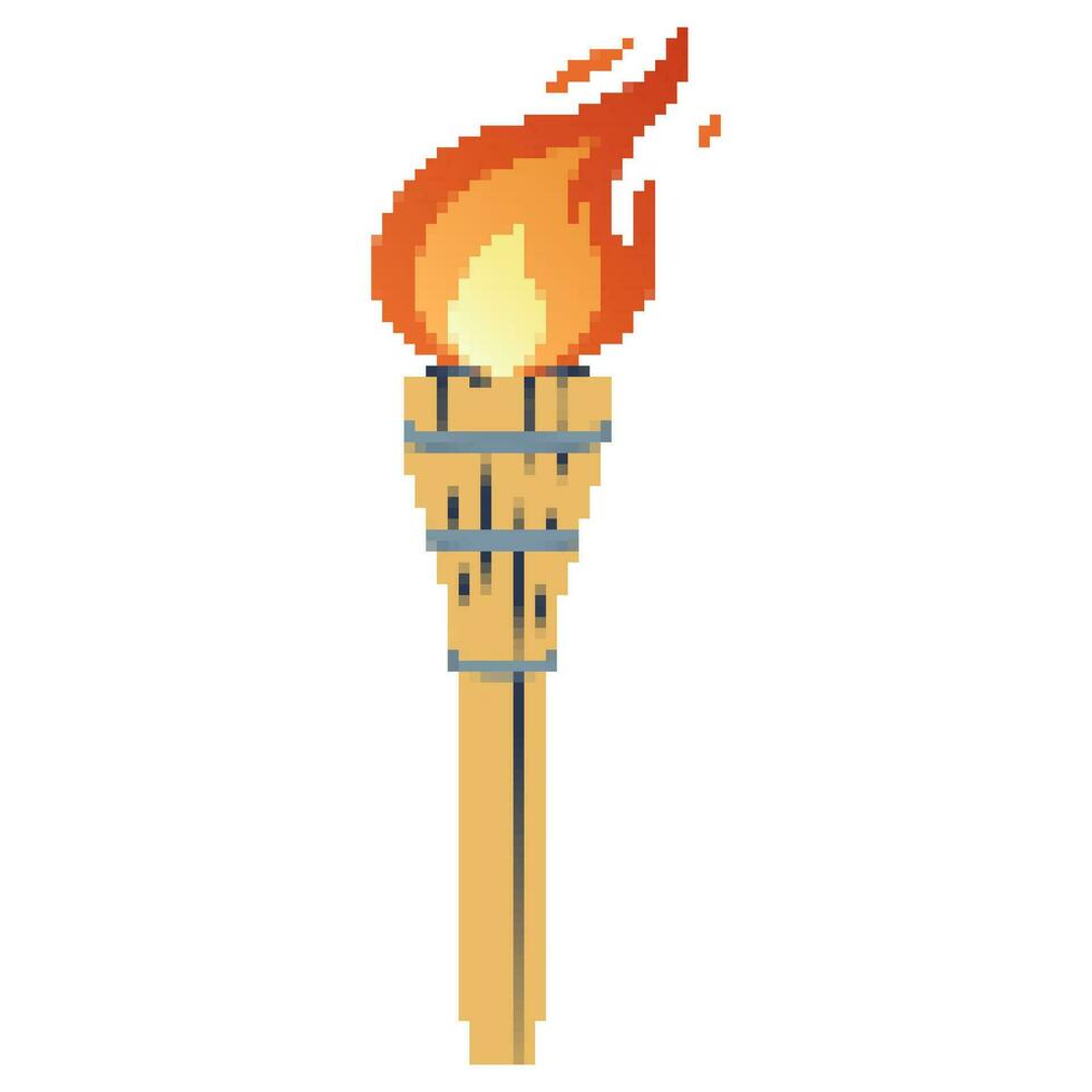 Pixel Flaming torch. Cartoon torch withe flame. Burning fire or flame. Sport fire sign. vector