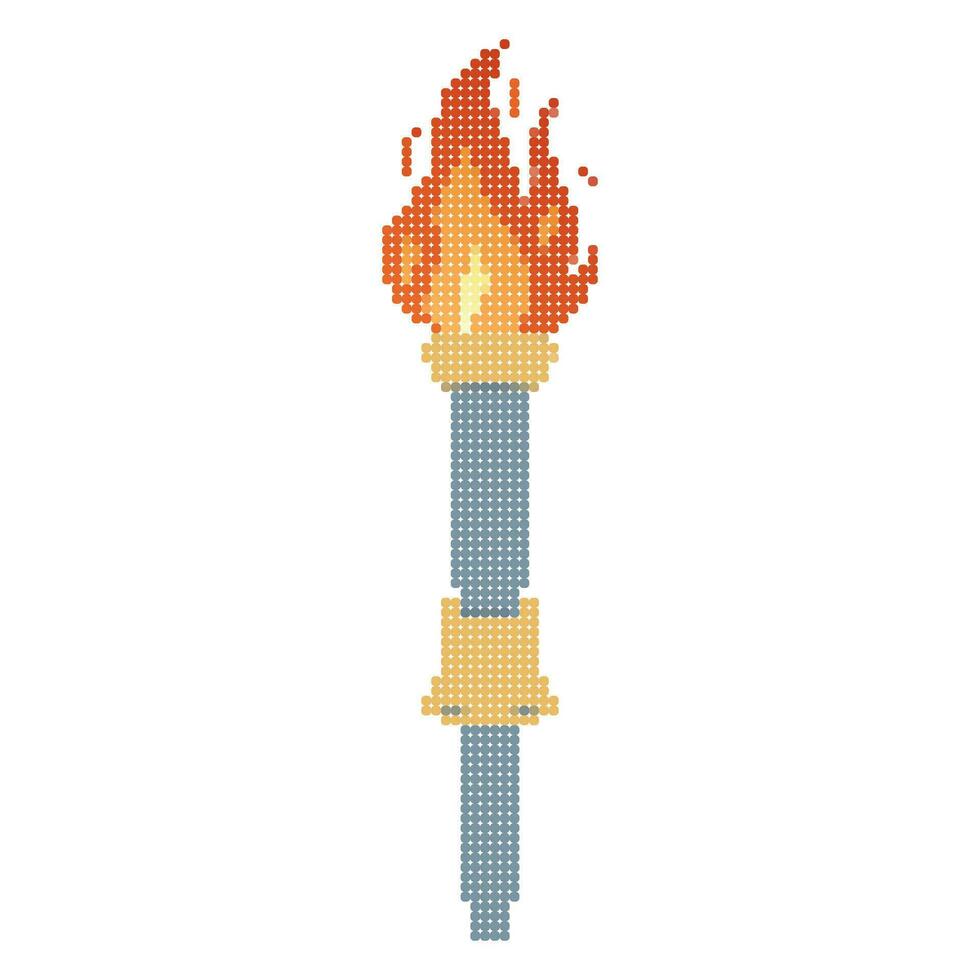 píxel puntos llameante antorcha. dibujos animados antorcha con fuego. ardiente fuego o fuego. deporte fuego signo. vector