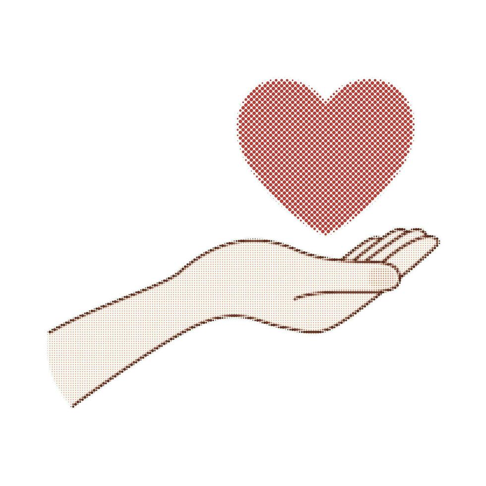 Hand holding a heart. Vintage Halftone Collage element with hand. Retro style. vector