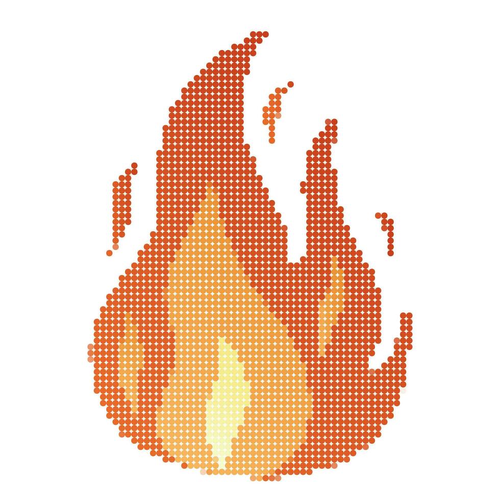 Dots Pixel Fire flames, bright fireball, heat wildfire and red hot bonfire, red fiery flames. vector