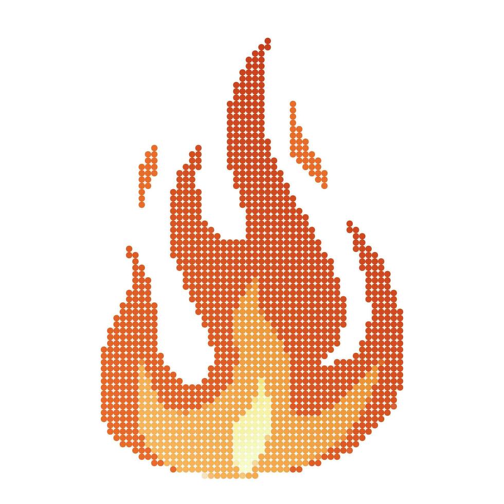 Dots Pixel Fire flames, bright fireball, heat wildfire and red hot bonfire, red fiery flames. vector