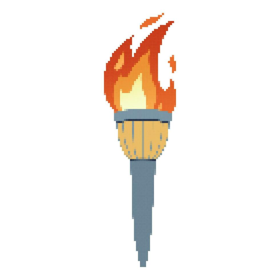 Pixel Flaming torch. Cartoon torch withe flame. Burning fire or flame. Sport fire sign. vector