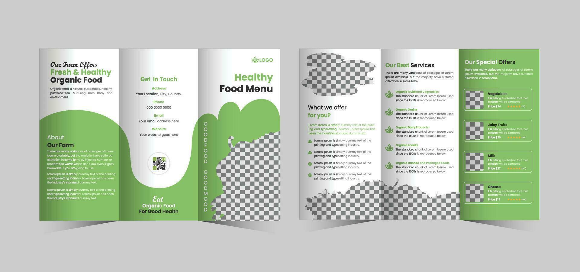 Eco food trifold brochure template or organic food menu trifold brochure template vector