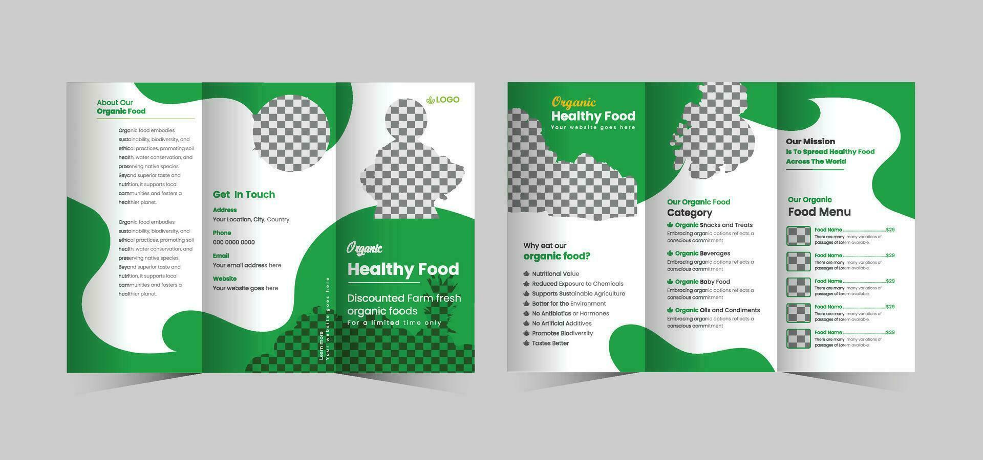 Eco food trifold brochure template or organic food menu trifold brochure template vector