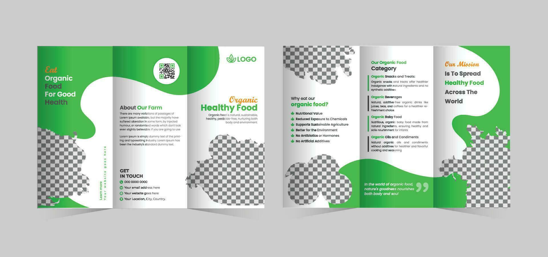 Eco food trifold brochure template or organic food menu trifold brochure template vector