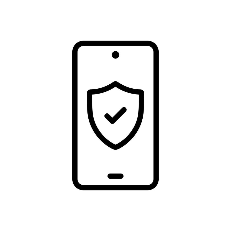 Smartphone with shield checkmark, mobile phone, cellphone data and network security concept icon in line style design isolated on white background. Editable stroke. vector
