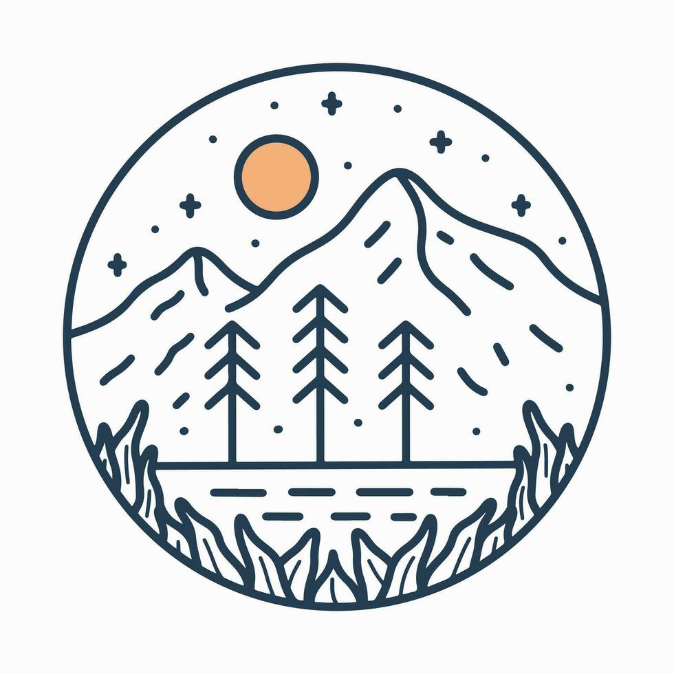 The beauty of the mountain and lake mono line vector design illustration