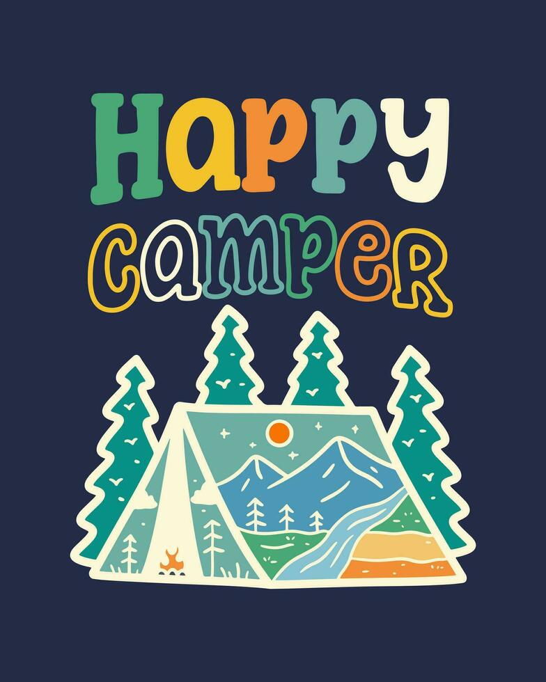 Colorful happy camper with nature mountain in the inside tent shape illustration vector