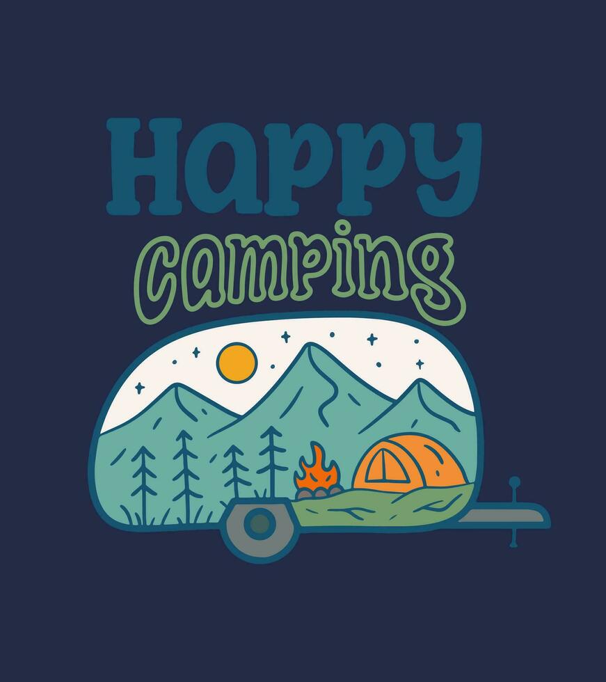 Happy camping with the caravan with nature mountain in the inside illustration vector