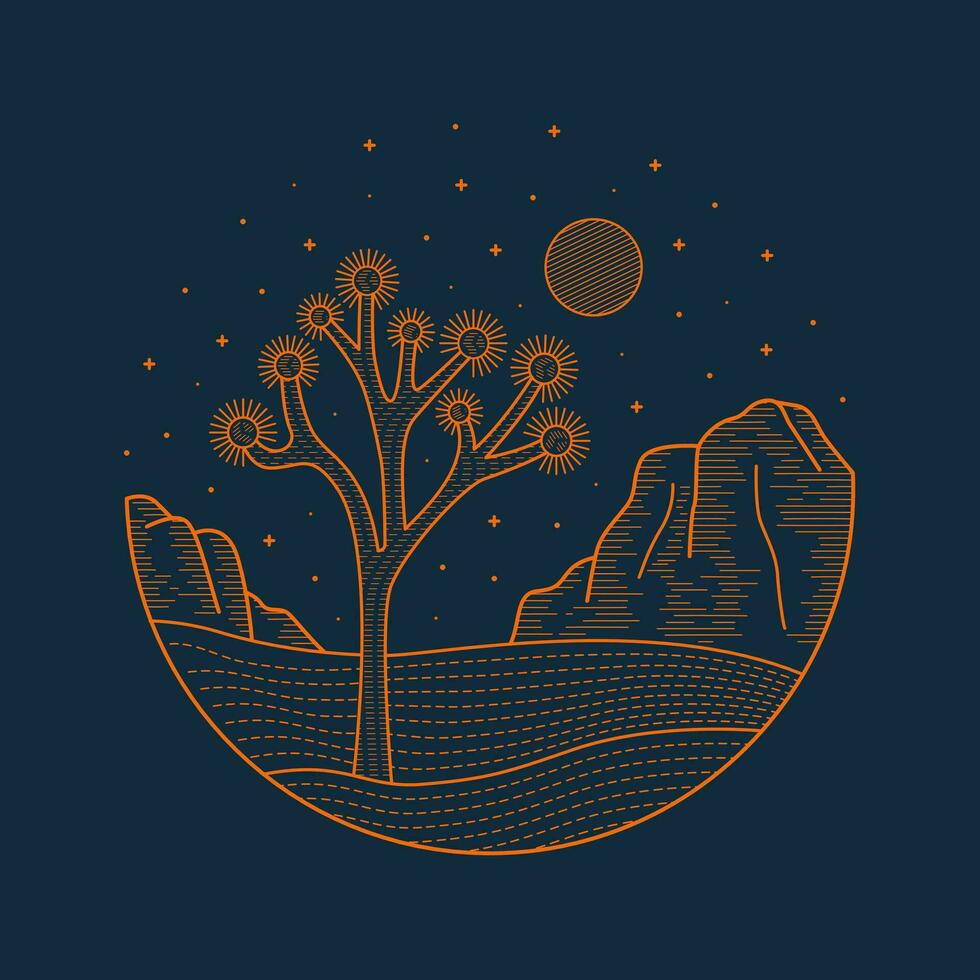 Joshua Tree National Park in Night View Mono line vector illustration for badge, patch, t shirt, sticker, etc