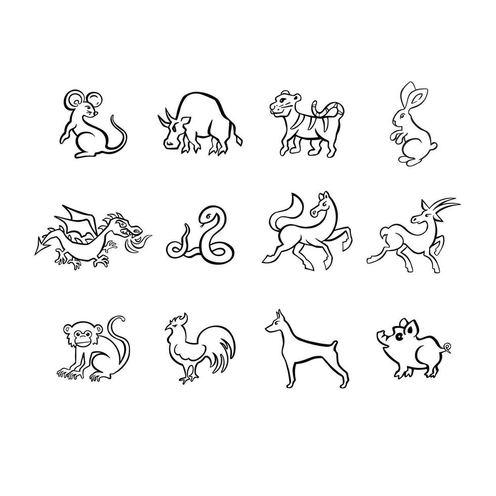 Set of Eastern horoscope Symbols, line symbol of the year, outline vector illustration