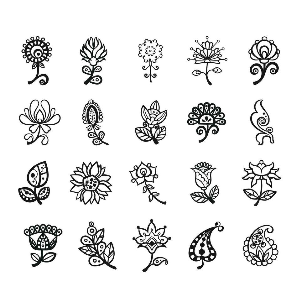 conjunto de étnicamente estilizado lineal contornos de flores, vector sin color