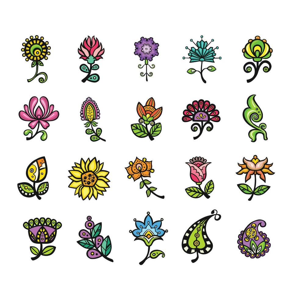 large set of bright ethnically stylized flowers for ornaments, vector