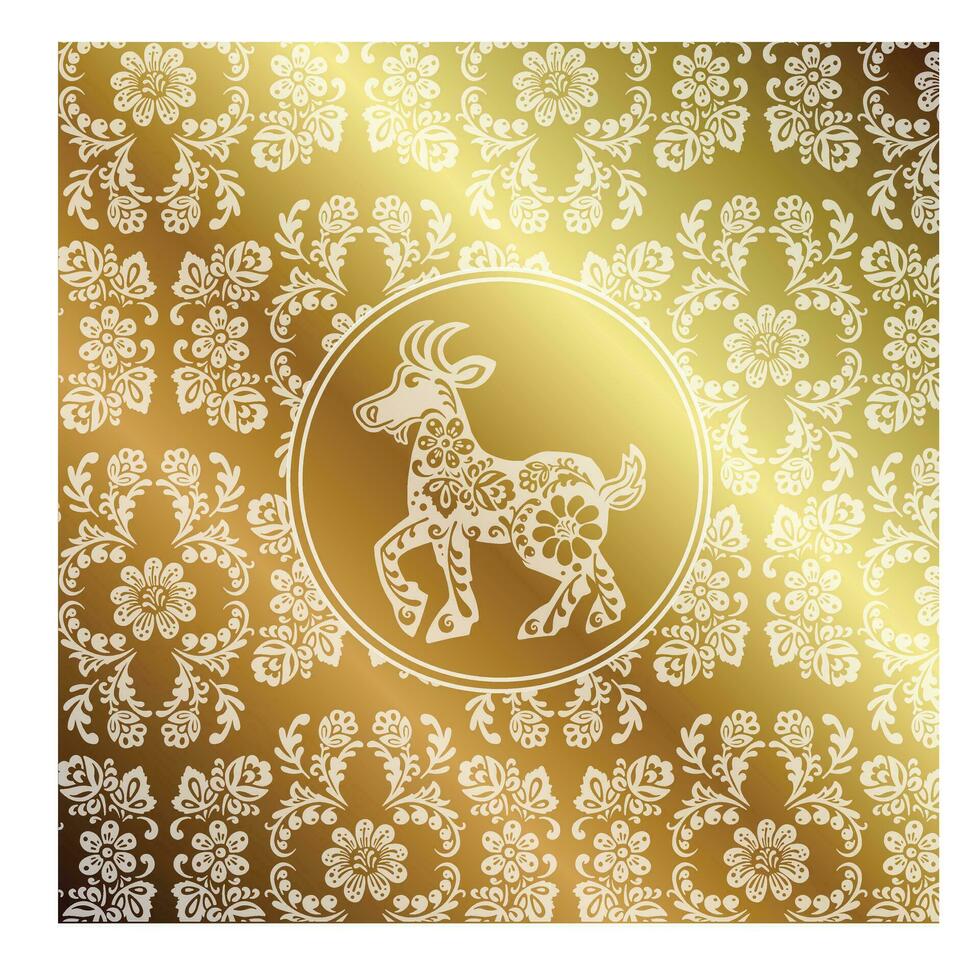 greeting card goat with gold in ethnic Russian style, symbol of the year, vector illustration eps 10