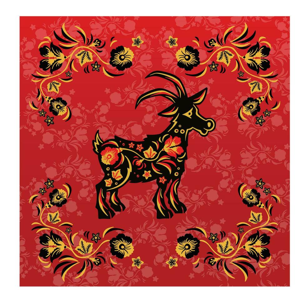 greeting card goat with red and yellow in ethnic Russian style, symbol of the year, vector illustration eps 10