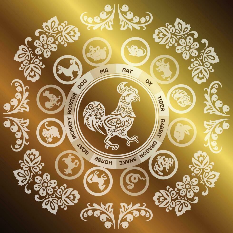 Card with golden rooster, hen in flowers in ethno-boho style and vector illustration eps 10