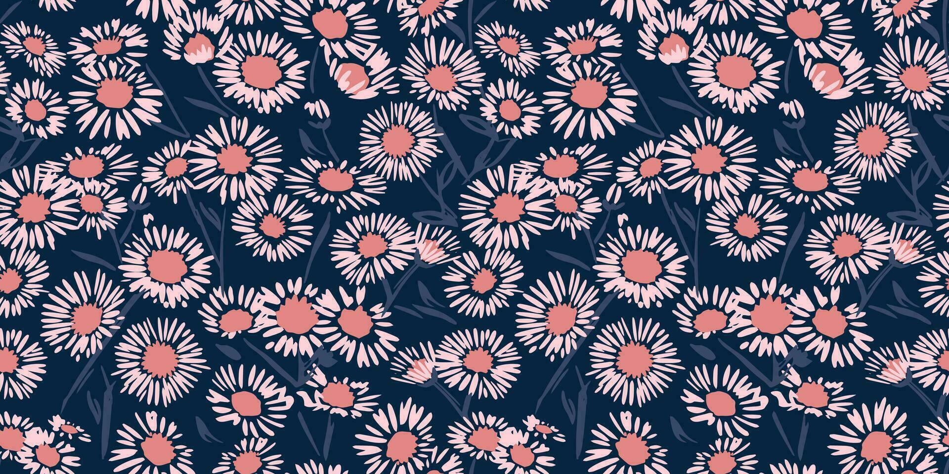 Artistic simple seamless pattern with chamomiles floral. Vector hand drawn sketch. Blooming meadow background with textured shape ditsy flowers. Design for fashion, fabric, and textile.