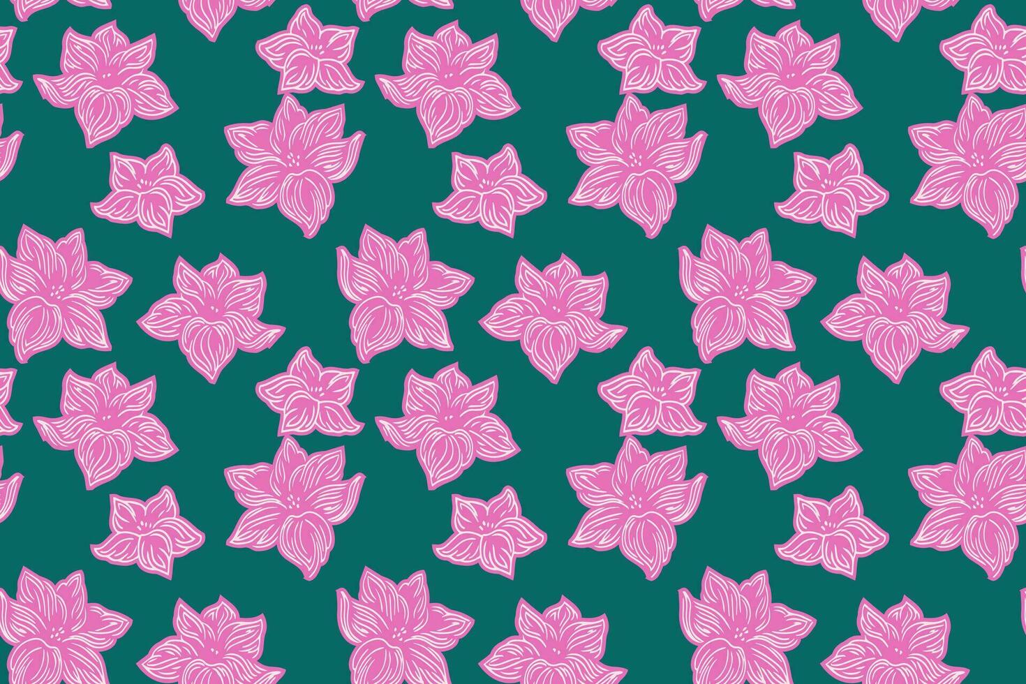 Colorful seamless pattern with decorative stylized shape flowers. Vector hand drawn. Creative simple  floral background. Abstract pink flower on a green back. Design for fashion, textile, fabric