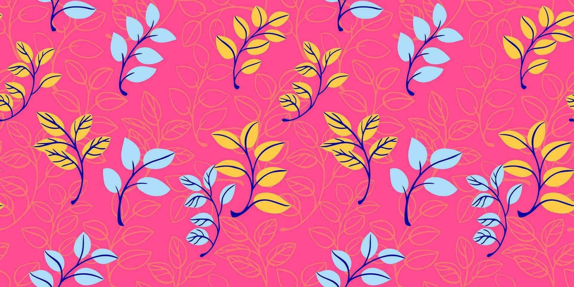 Seamless, creative, vibrant cute  leaves stem pattern on a pink background. Vector hand drawn sketch doodle small leaf branches. Template for design, textile, fashion, print, surface design, wallpaper