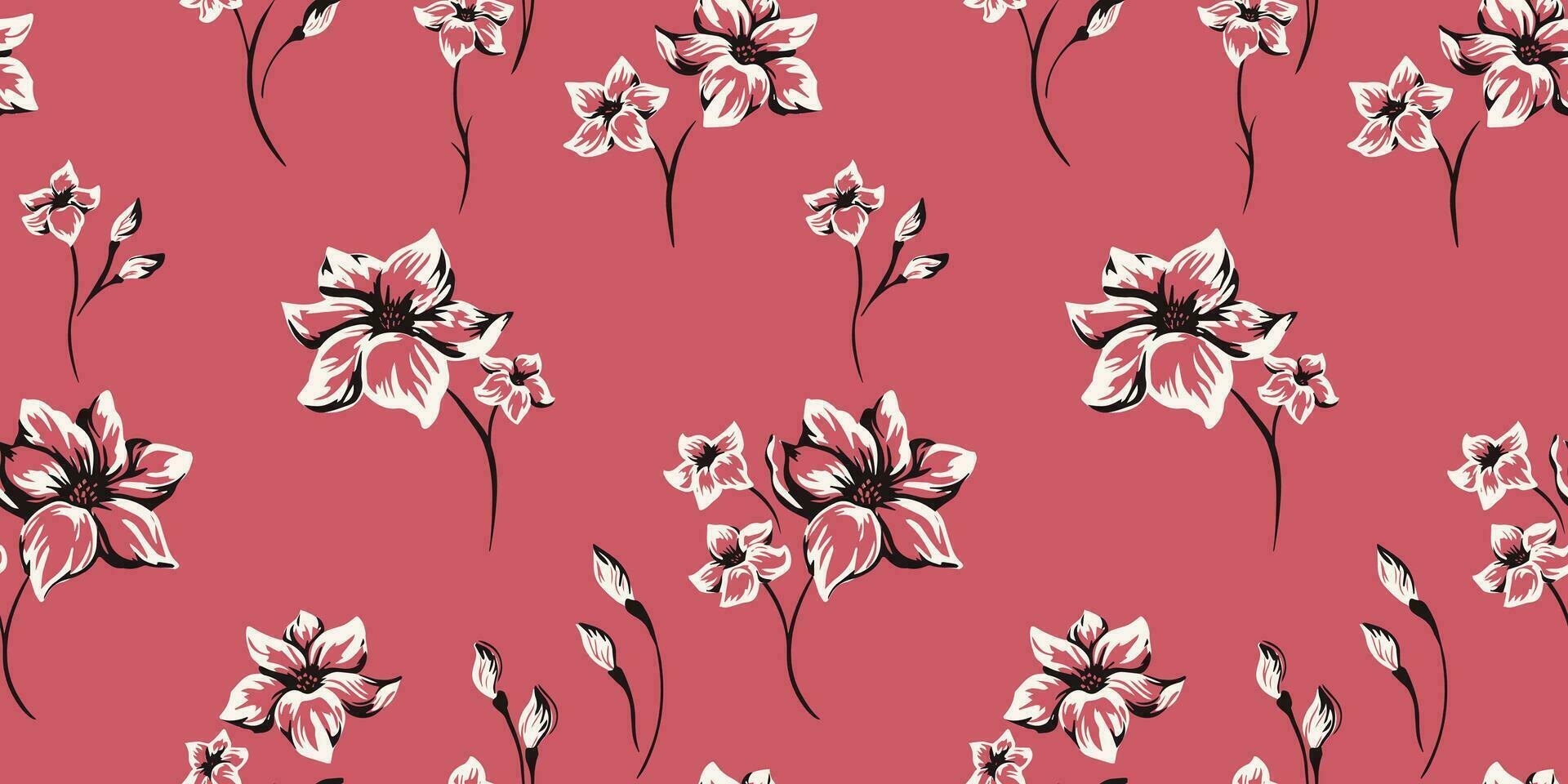 Abstract stylized silhouettes flowers seamless pattern. Vector hand drawing sketch. Artistic brush floral on a red background. Simple ditsy printing. Design for fabric, fashion, and textile