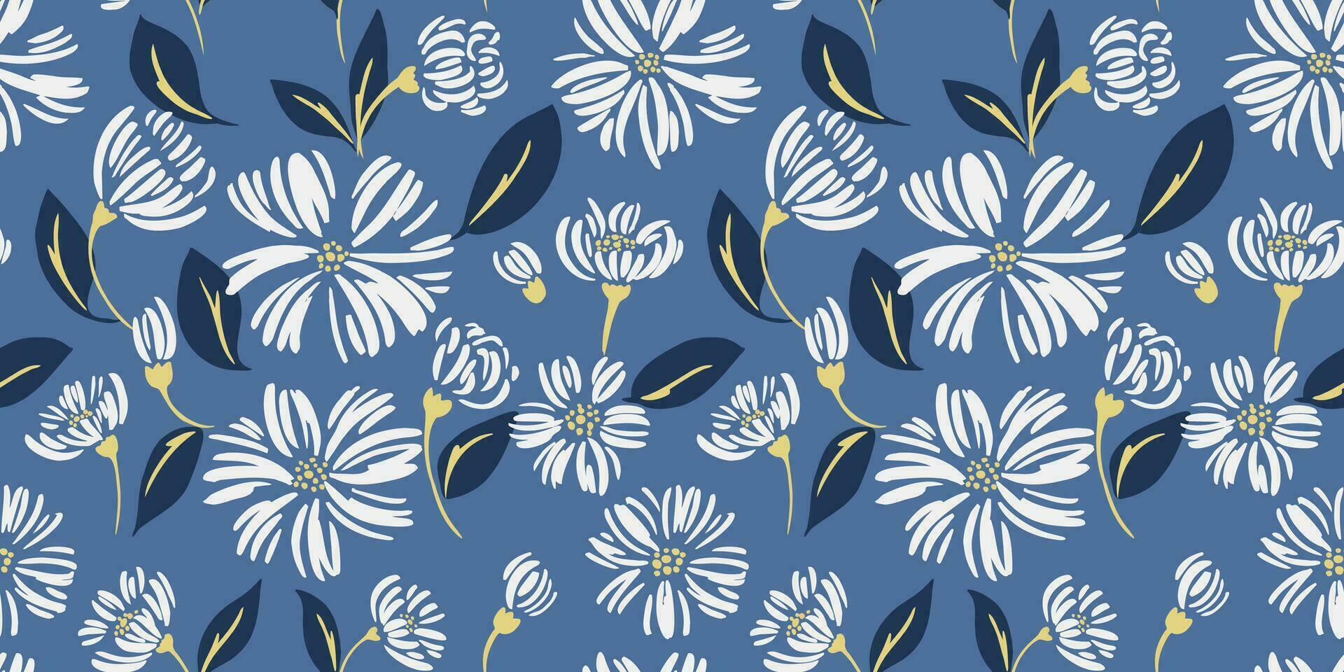 Seamless abstract graphic art daisy flowers and leaves, buds pattern.  Vector hand drawn sketch shape. Simple brush floral print on a blue background. Design for fabric, fashion, textile, wallpaper
