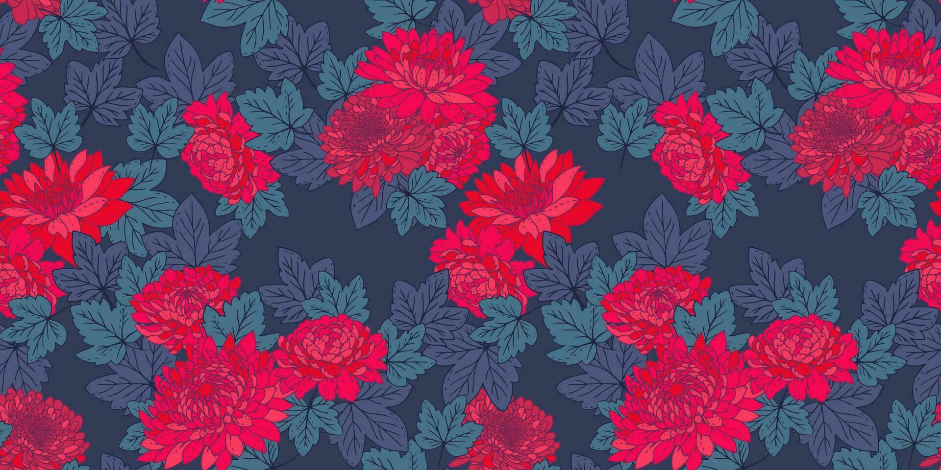 Artistic abstract flowers and leaves seamless pattern. Vector hand drawn. Blooming red floral and leaf on a dark blue background. Stylized botanical illustration printing. Design for fashion, textile