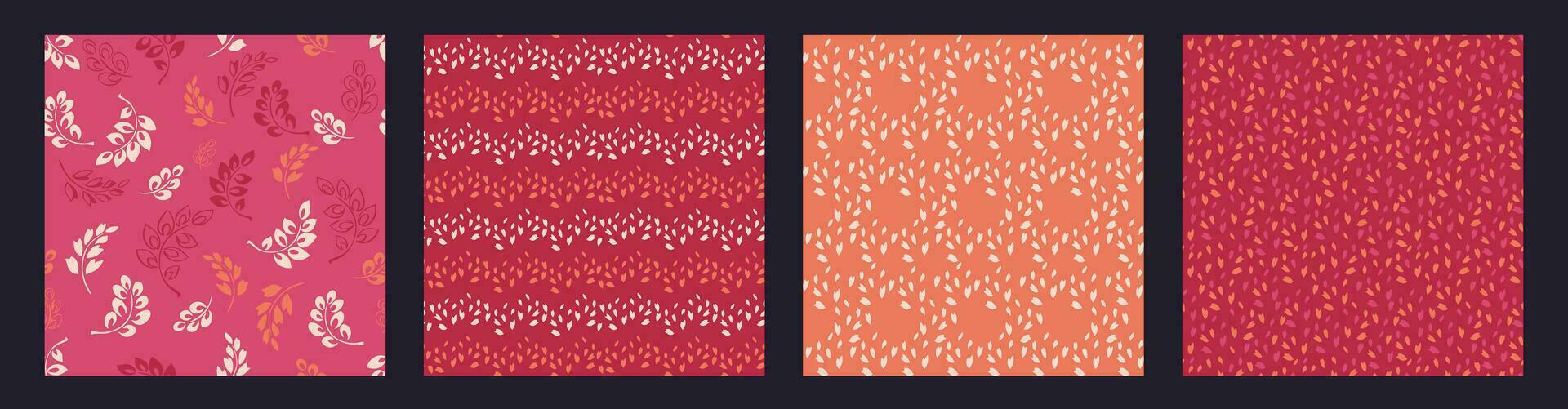 Set of abstract square seamless pattern tiny branches leaves, drops, rhombus, random dots. Trendy vector hand drawn sketch simple background textures pink, burgundy, orange. Design for fabric, fashion