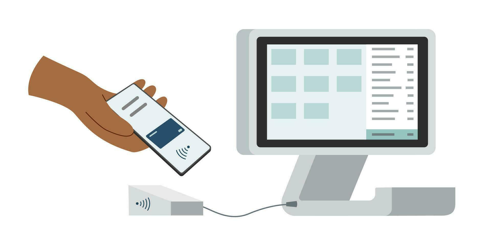 Payment terminal and hand with phone vector