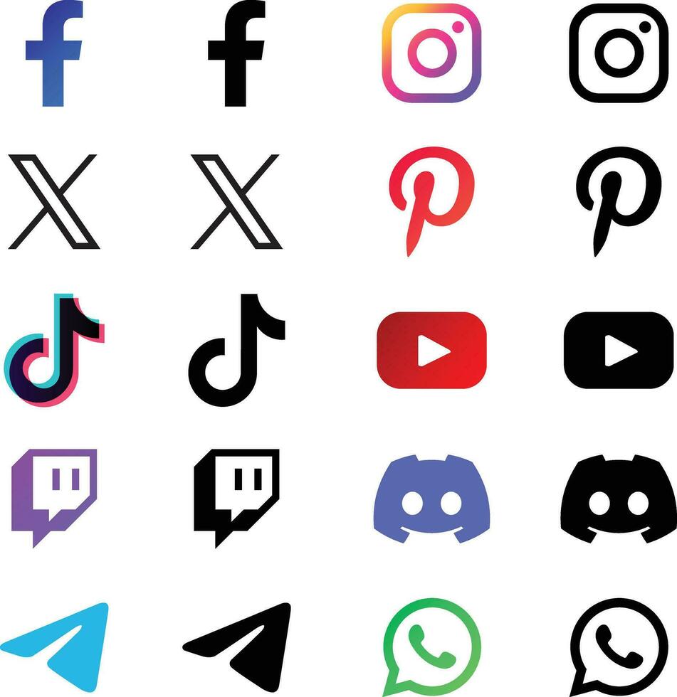 Social Media Icons - Instagram Facebook Twitter X Whatsapp Tik Tok Twitch Youtube Discord Pinterest vector